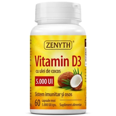 Vitamina D3 cu ulei de cocos, 5000UI, 60 capsule, Zenyth